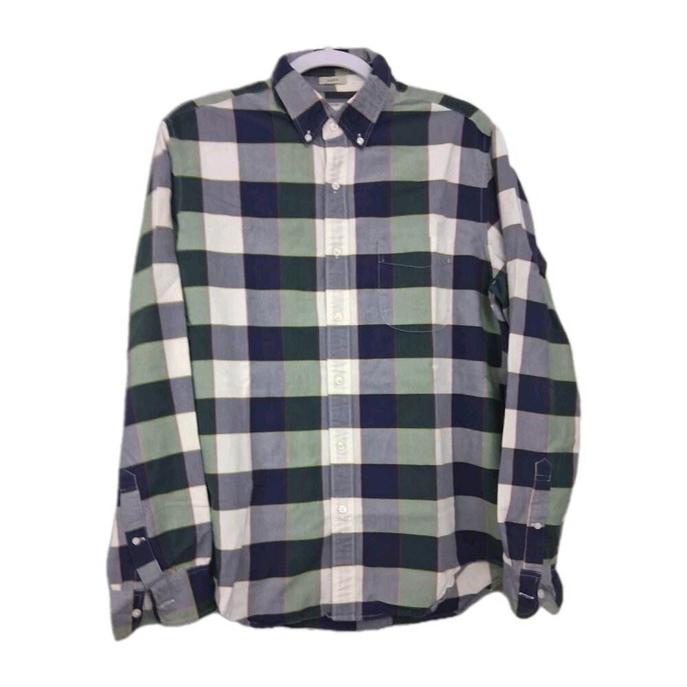 J Crew Flannel Shirt Mens Medium Blue Green Plaid All Cotton Oxford Classic Fit